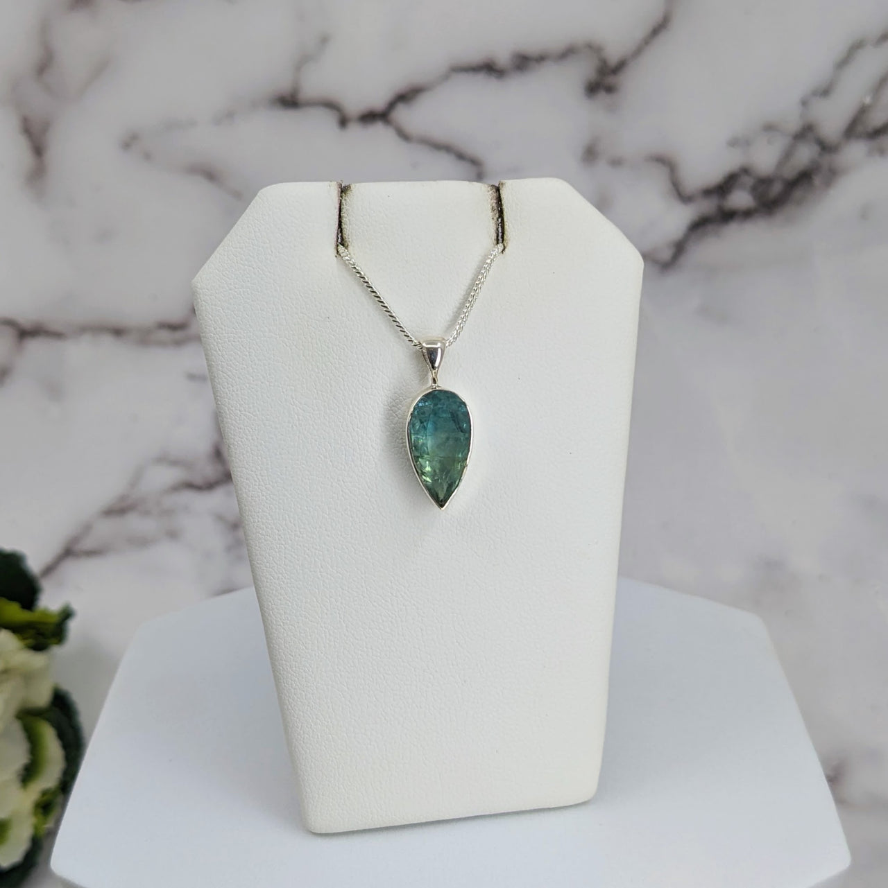 Fluorite Faceted Sterling Silver Pendant Green & Blue #LV3325