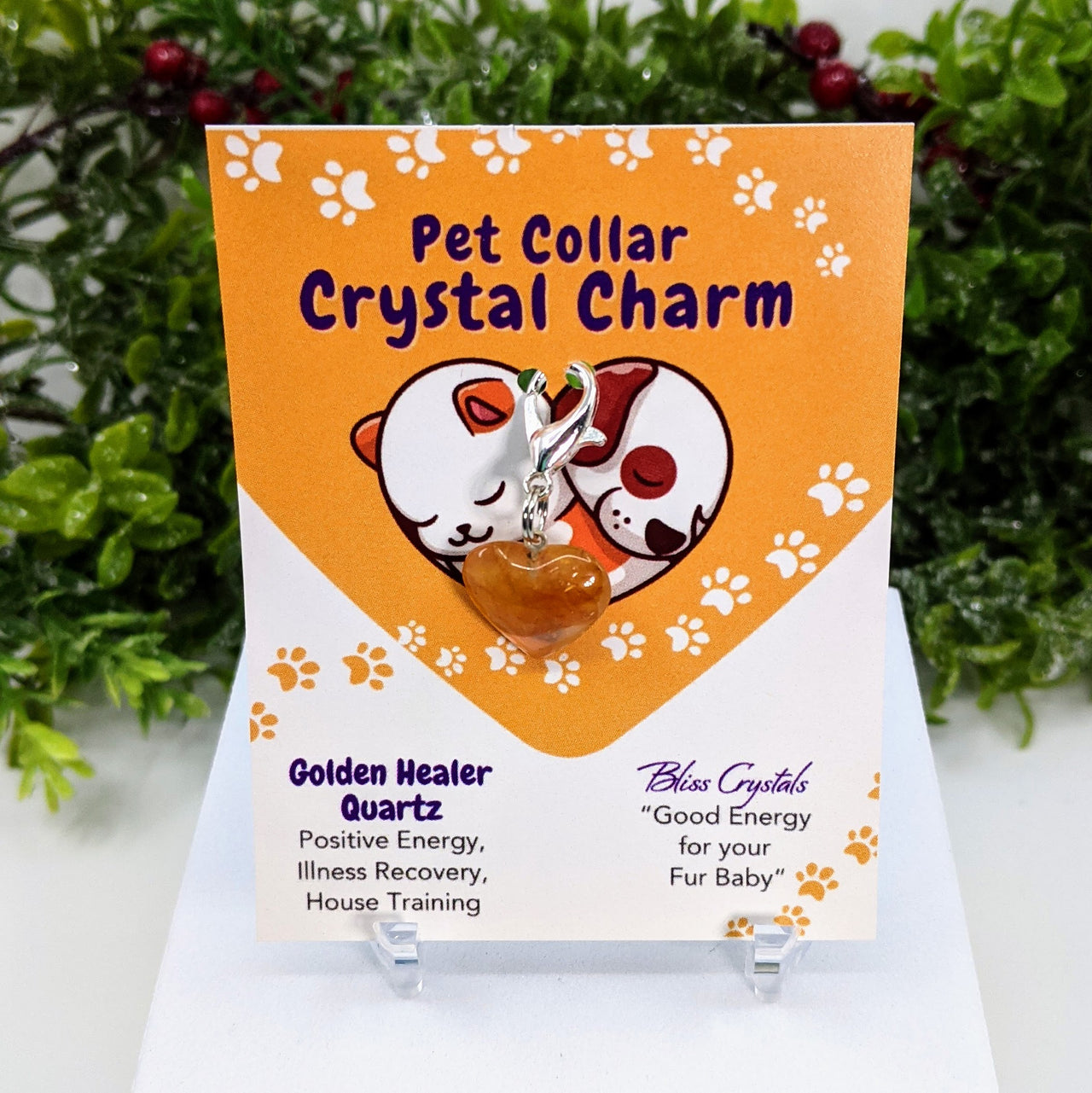 Pet Collar Clip-On Crystal Charm - Golden Healer Quartz Heart #LV3474