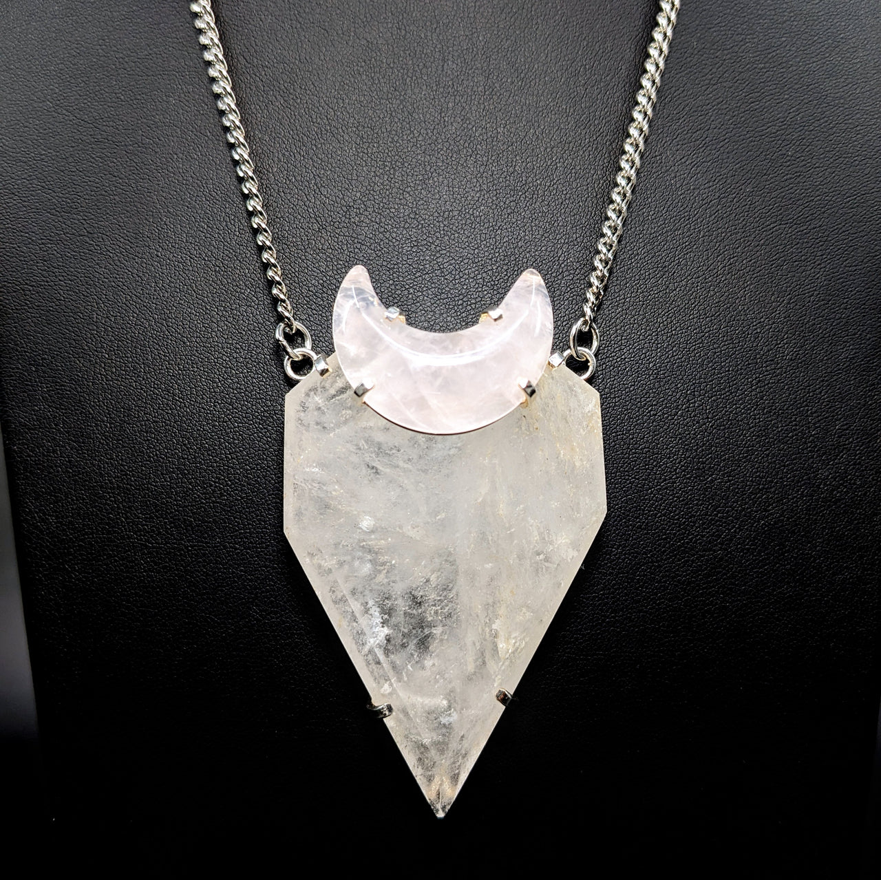 Quartz Point with Rose Quartz Crescent Moon Brass or Silver Necklace #LV5778