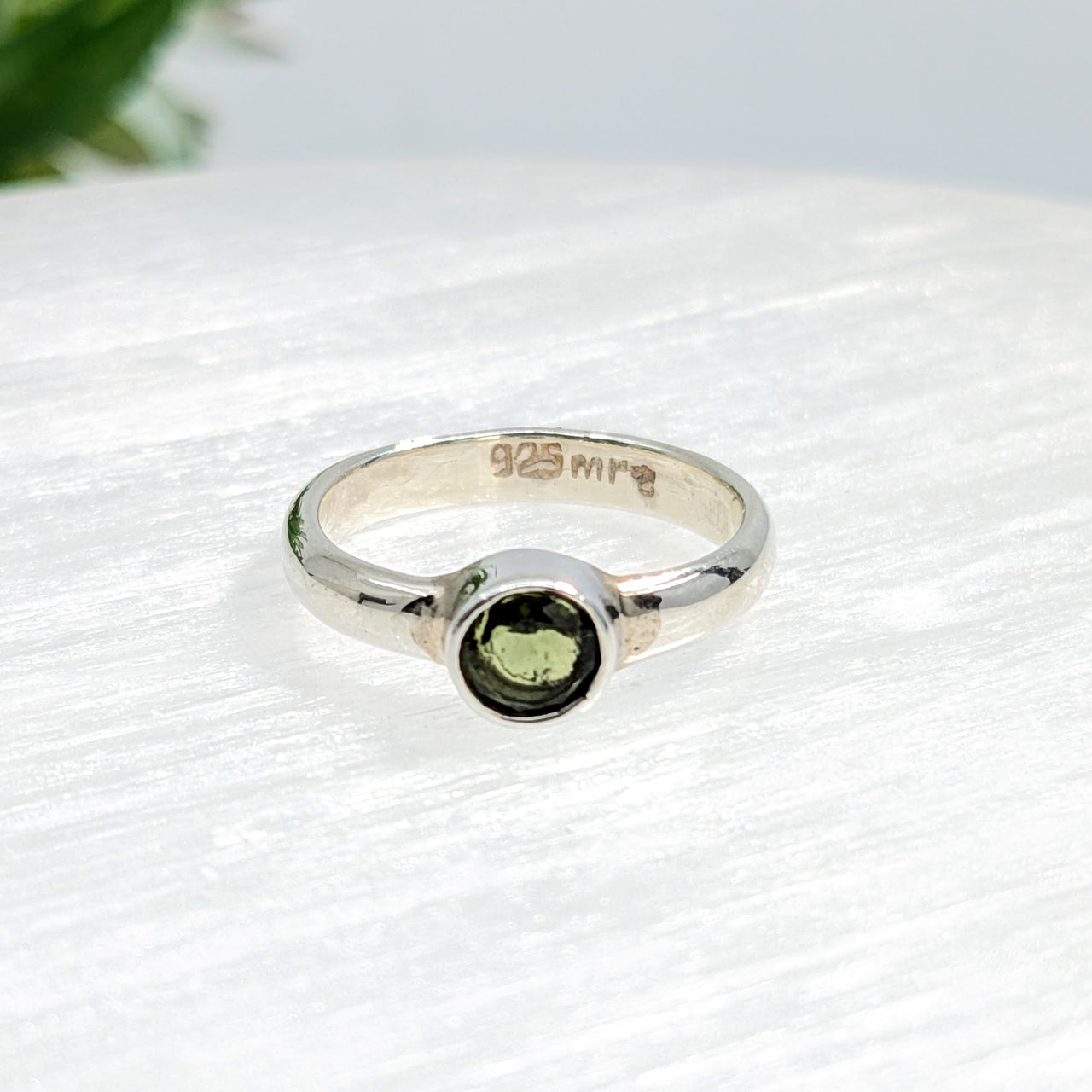 Genuine Moldavite Faceted Round Sterling Silver Ring  #SK2620