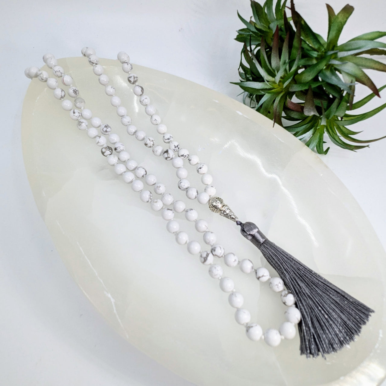 White Howlite Beaded 19" Mala Necklace #LV6195