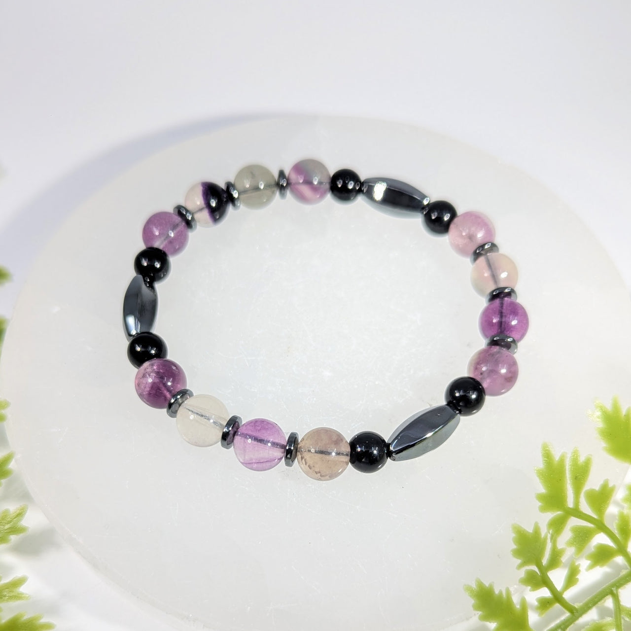 Fluorite and Hematite 9" Large Beaded Bracelet #BC1670