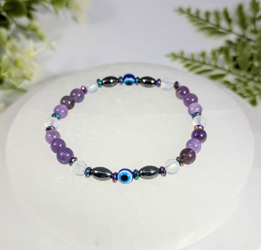 Amethyst Hematite 7" Evil Eye Handmade Bracelet #BC1677