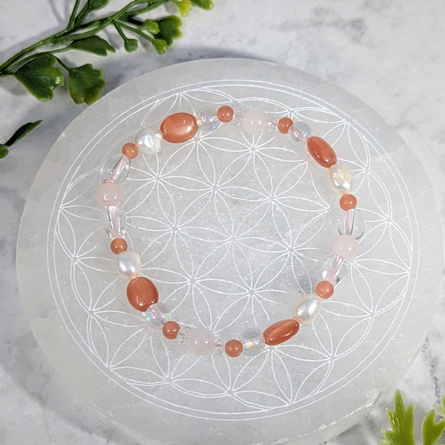 Rhodochrosite, Pearl 7" Rose Qtz Bracelet #BC1745
