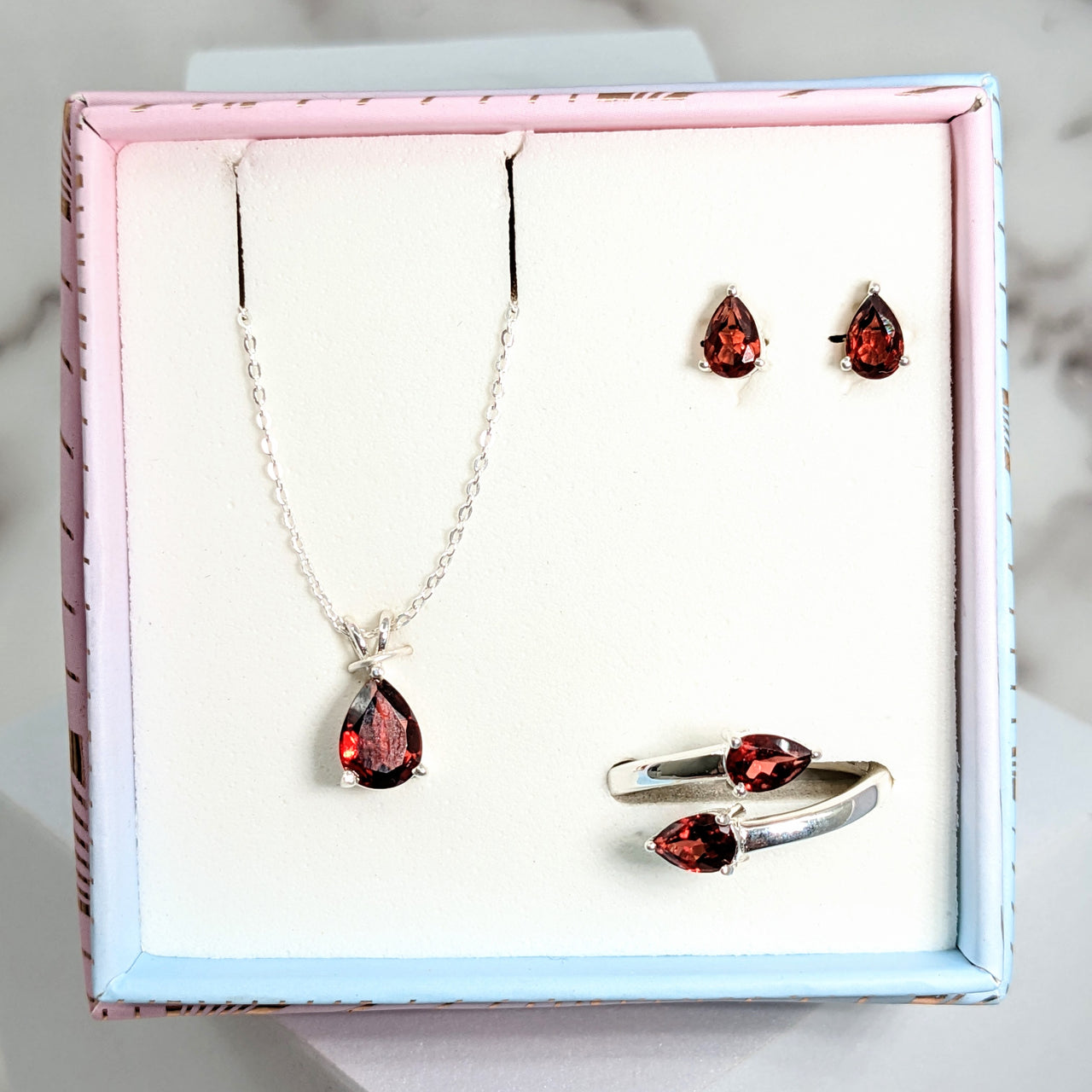 Red Garnet Faceted Jewelry 3 pc Box Set Sterling Silver Earrings, Pendant, Adjustable Ring #LV3204