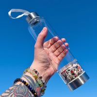 Glass Water Bottle with Crystal Compartment and Sleeve - includes mini crystals #BC0557
