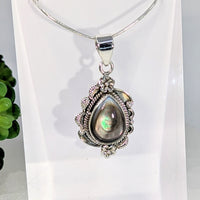Abalone shell 2-inch teardrop pendant #BC0680 with silver filigree labradorite