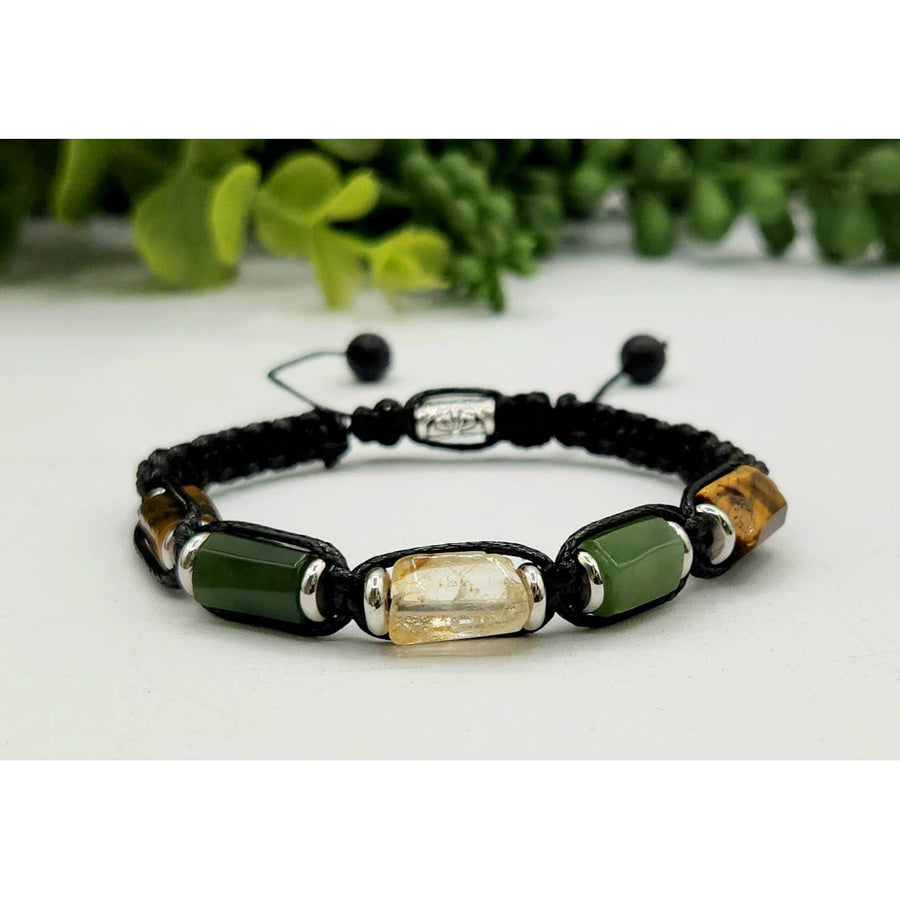 Braided gemstone bracelet with Tiger’s Eye Jade and Citrine accents, adjustable unisex style