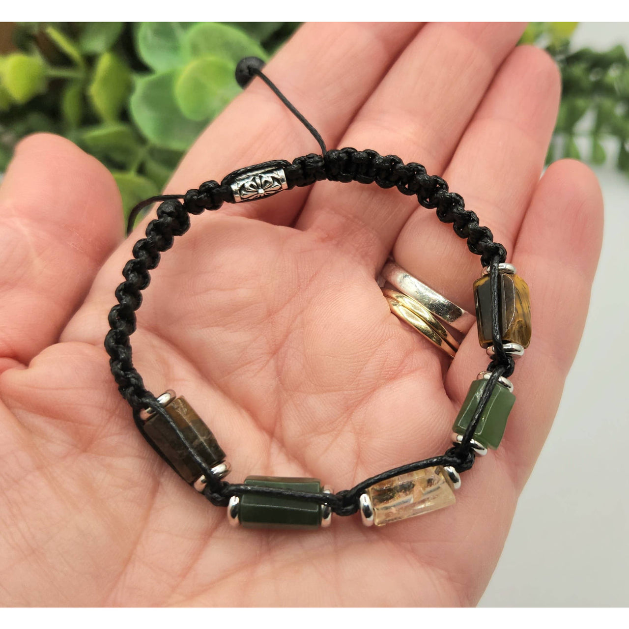 Handmade beaded bracelet featuring Tiger’s Eye, Jade, and Citrine gemstones