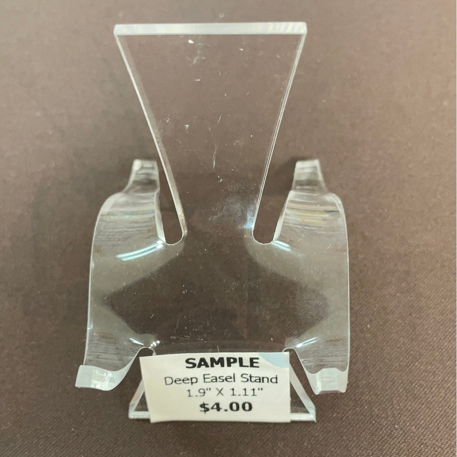 Clear plastic easel stand with SAMPLE $1.00 tag from Acrylic & Metal Stands Q152