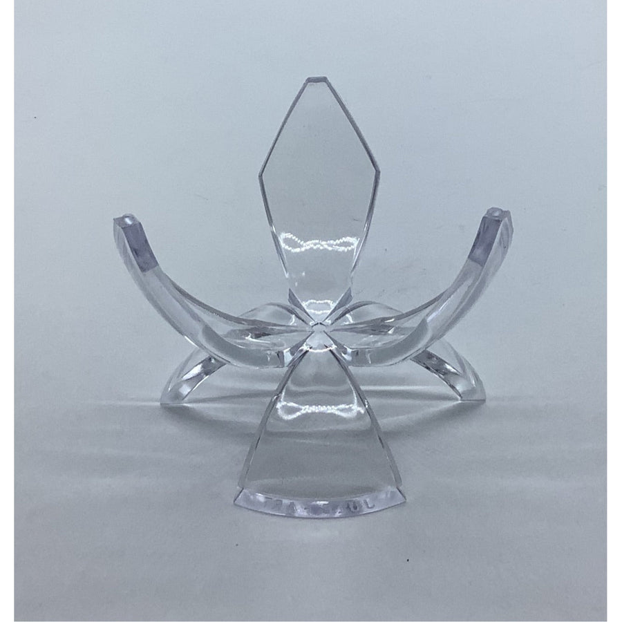 Clear glass angel figurine with curved wings on Acrylic & Metal Deep Easel Stand Q152