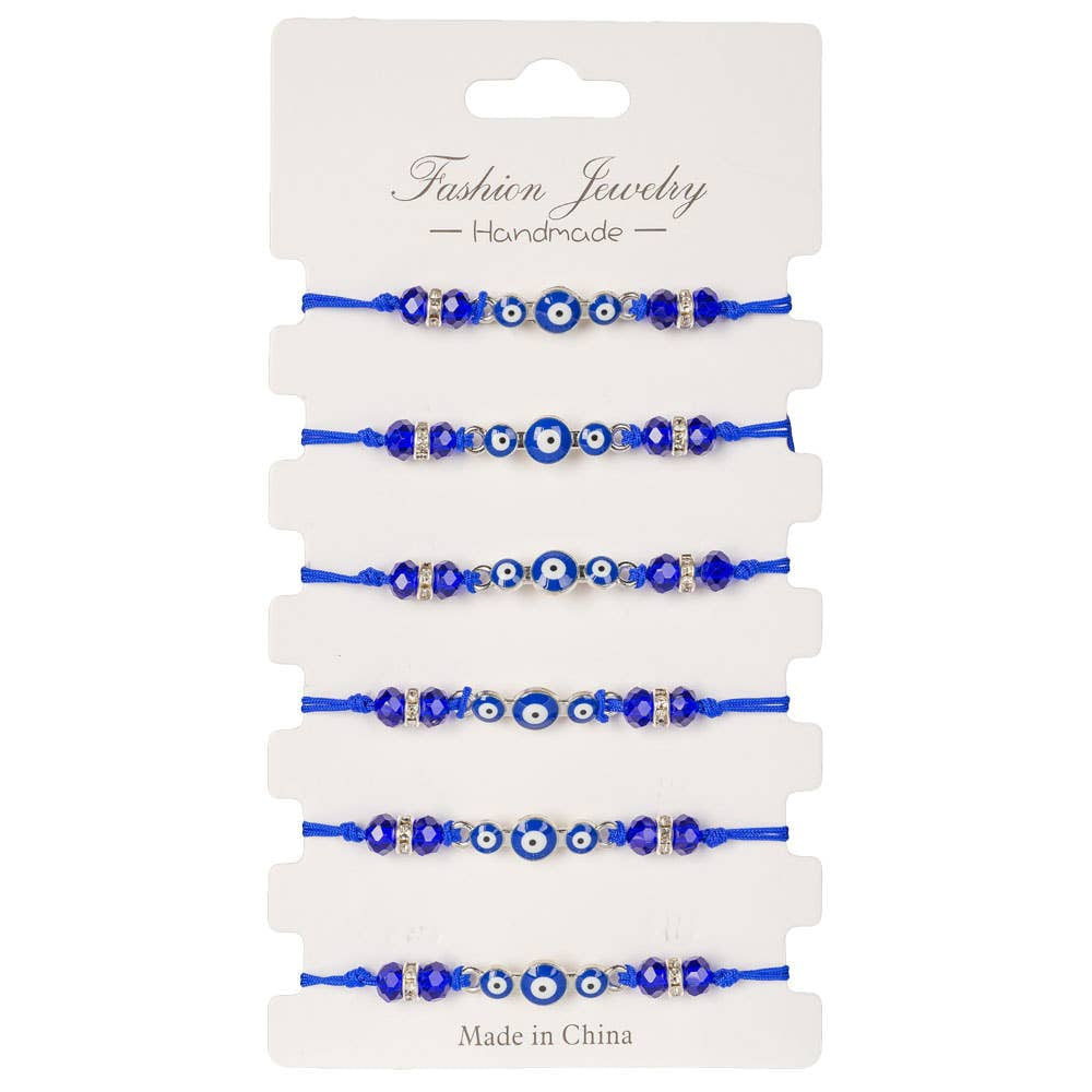 Six blue cord evil eye bracelets with purple beads and silver accents LV9667