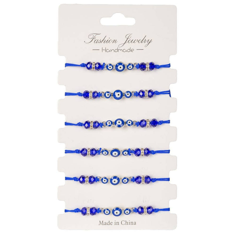 Six blue cord evil eye bracelets with purple beads and silver accents LV9667