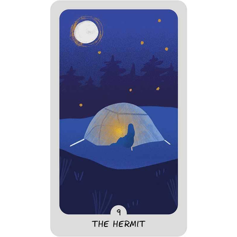 Adventure Tarot card by Elizabeth Su depicting a tent under a moonlit sky