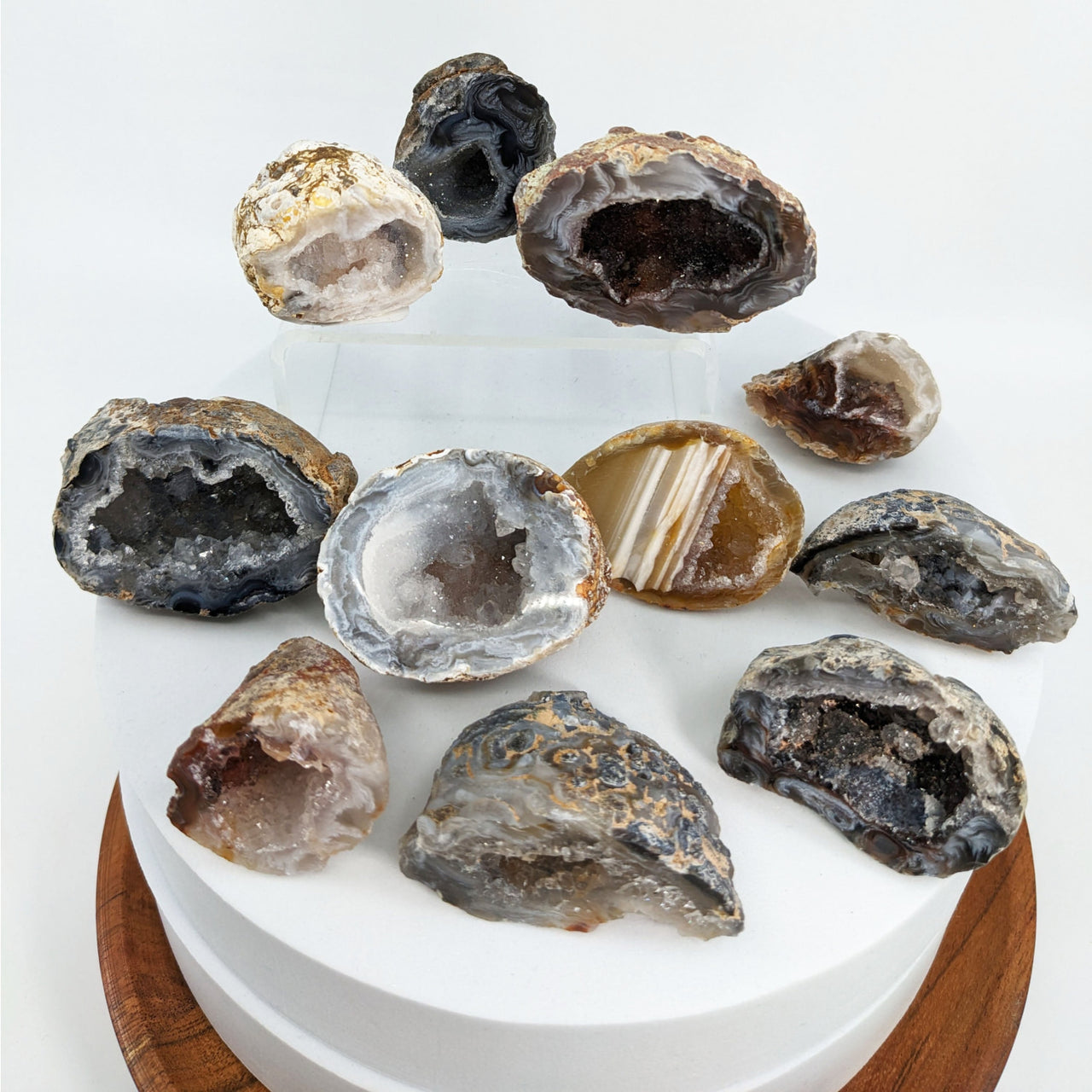 Flat shape agate geode cake with various rocks, Agate 1.3 - 2’ Sliced Geode #LV5327