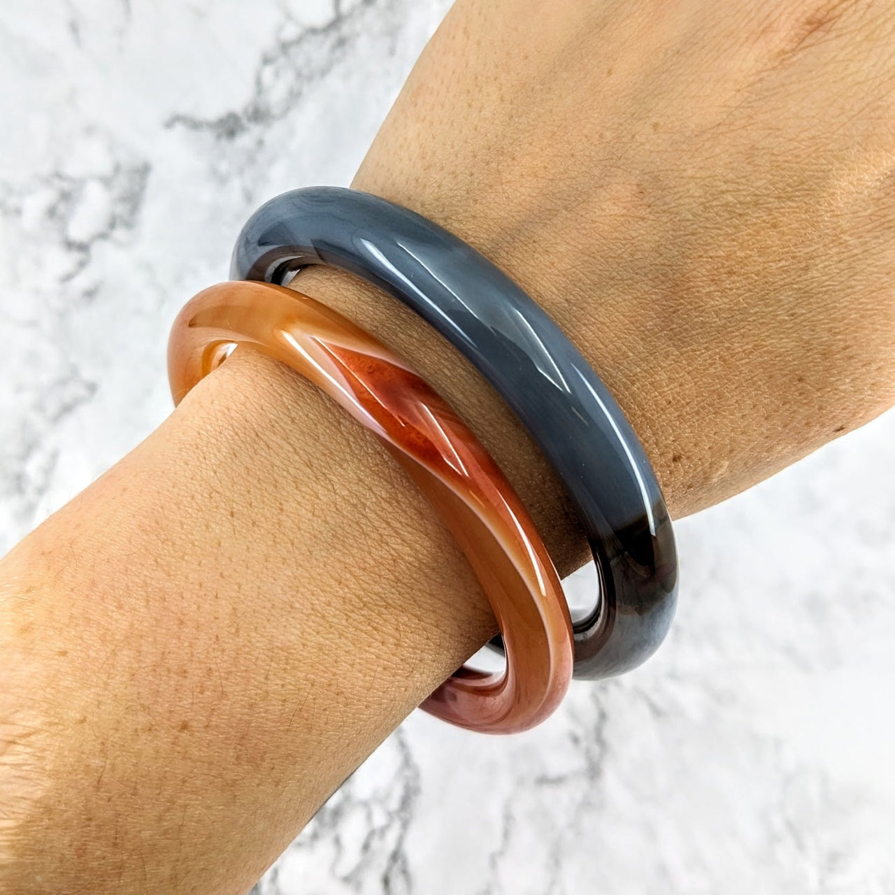 Black and orange ceramic Agate Round Bangle Crystal Bracelet #LV1969 with banded agate