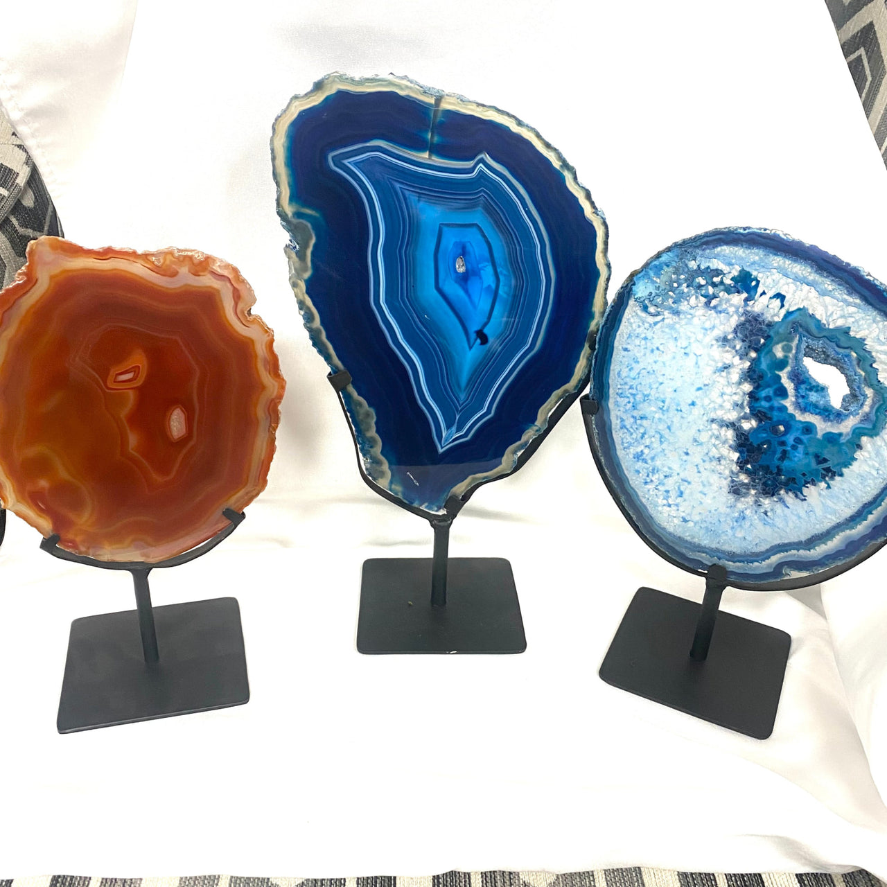 Three flat shape agate slices on metal stands, product Agate Slice on Metal Stand #M191