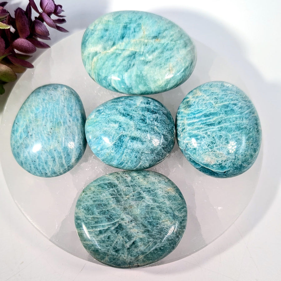 Five polished teal Amazonite pebbles, 1.75-2.5 inches, #BC0256