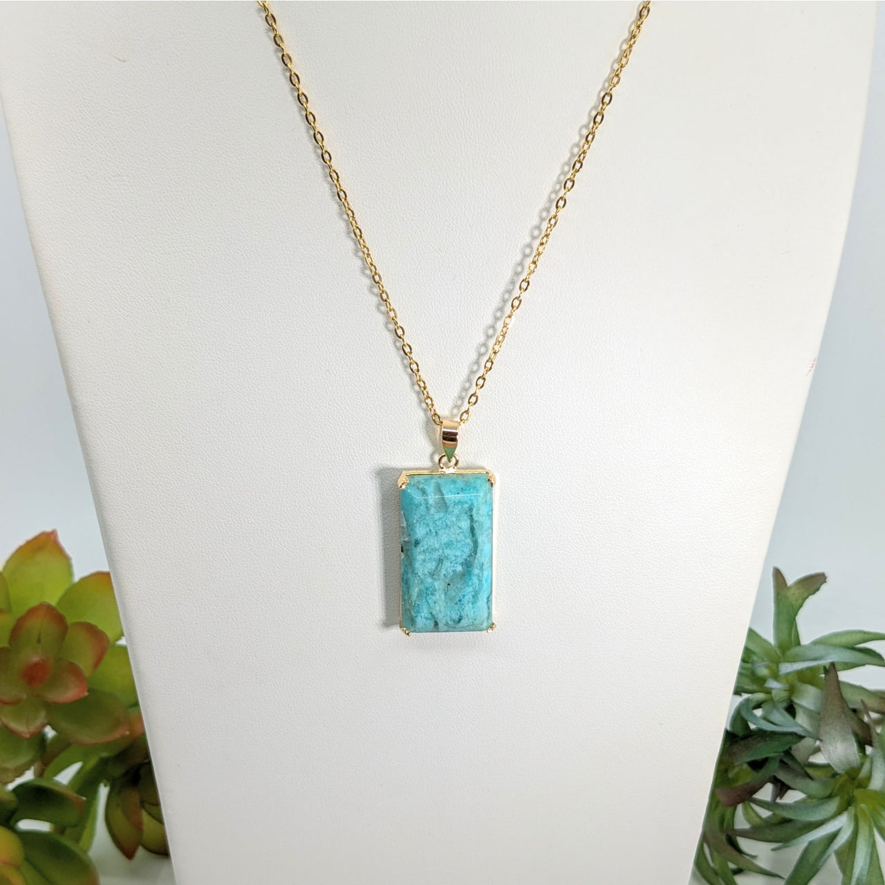 Gold-chained Amazonite 17’’ rectangle pendant necklace with turquoise pendant