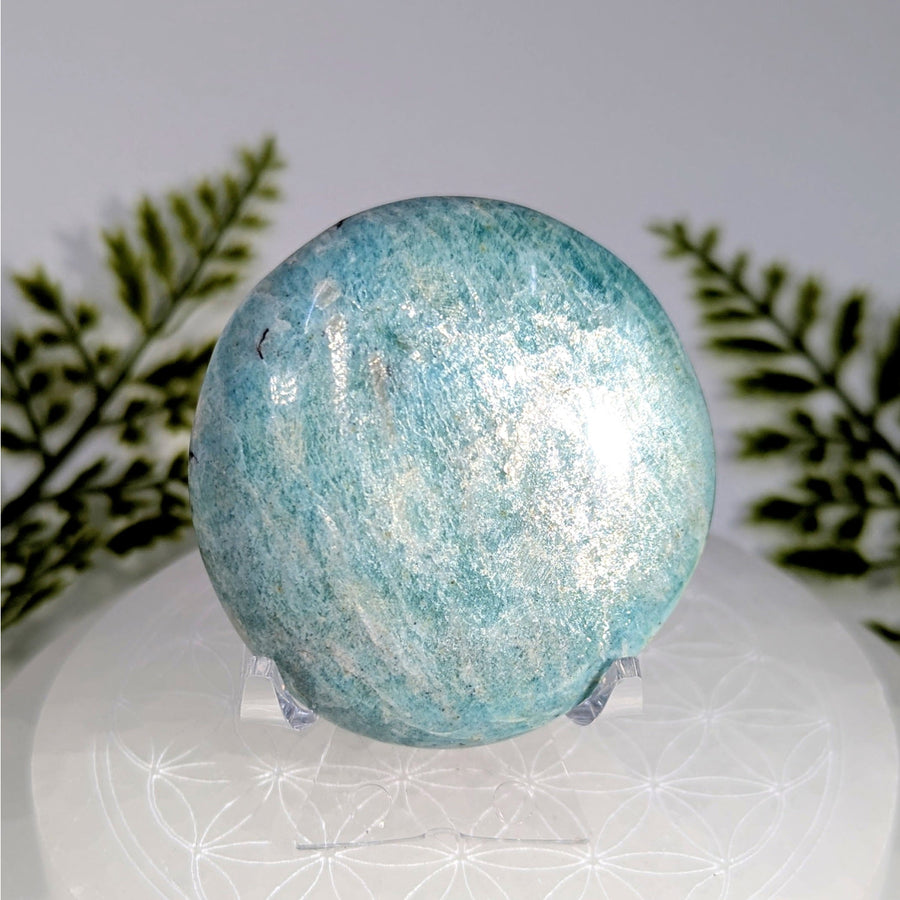 Polished 2.25-inch amazonite pebble stone #BC0883 blue-green with white veins
