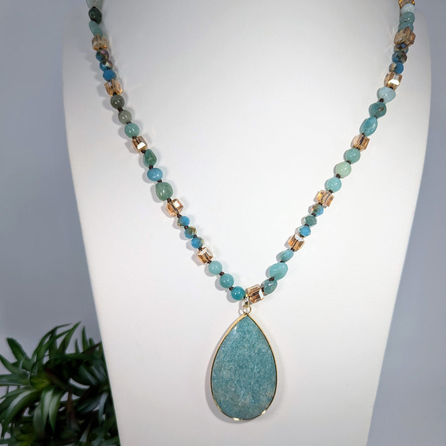 Amazonite 33’’ Long Beaded Necklace with Teardrop Pendant