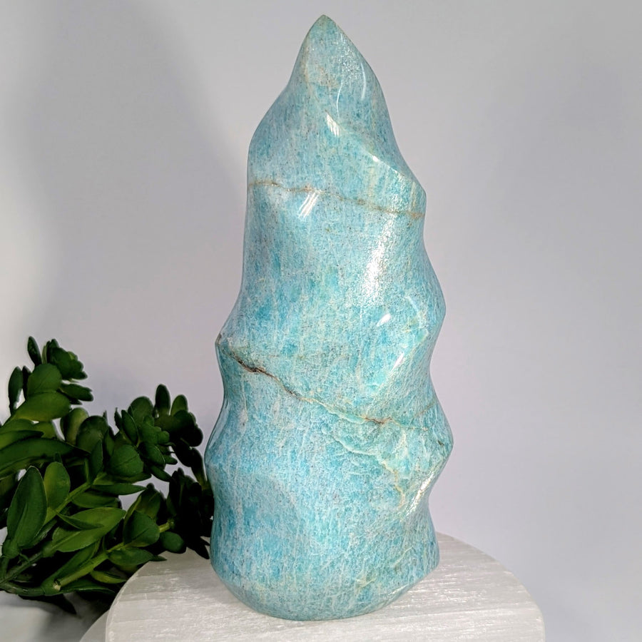 Polished 6-inch turquoise amazonite flame freeform crystal tower #BC0644