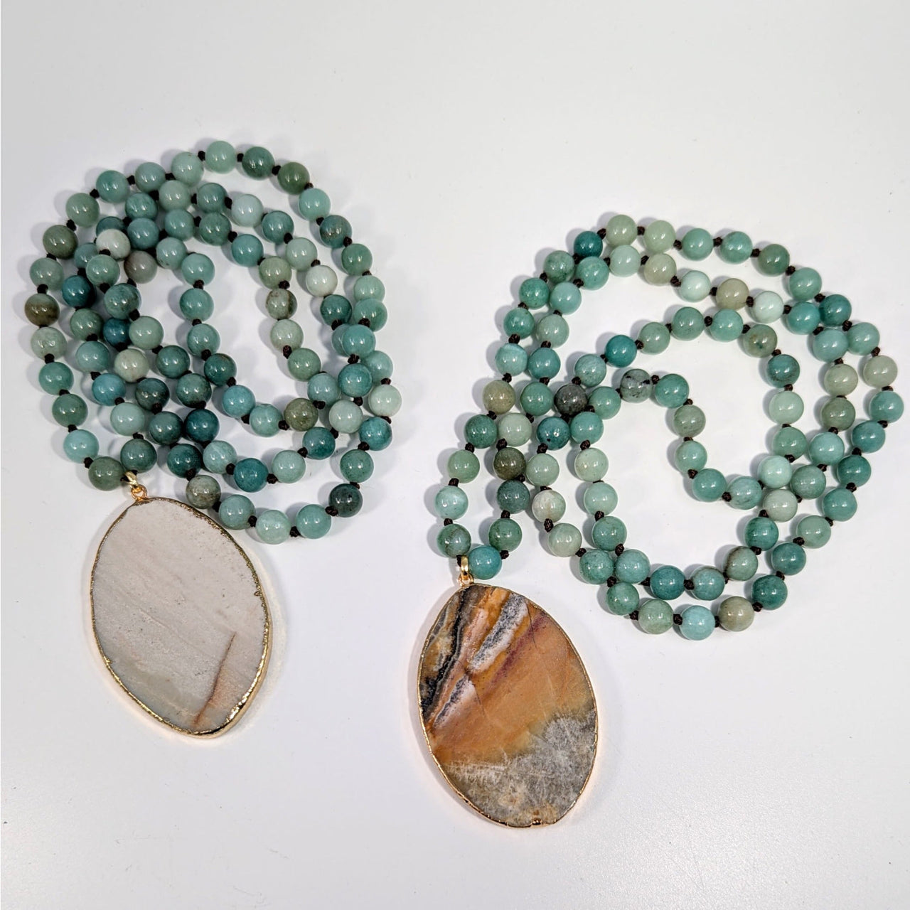 Two turquoise mala necklaces with oval jasper pendants, 32-inch Amazonite #BC0932