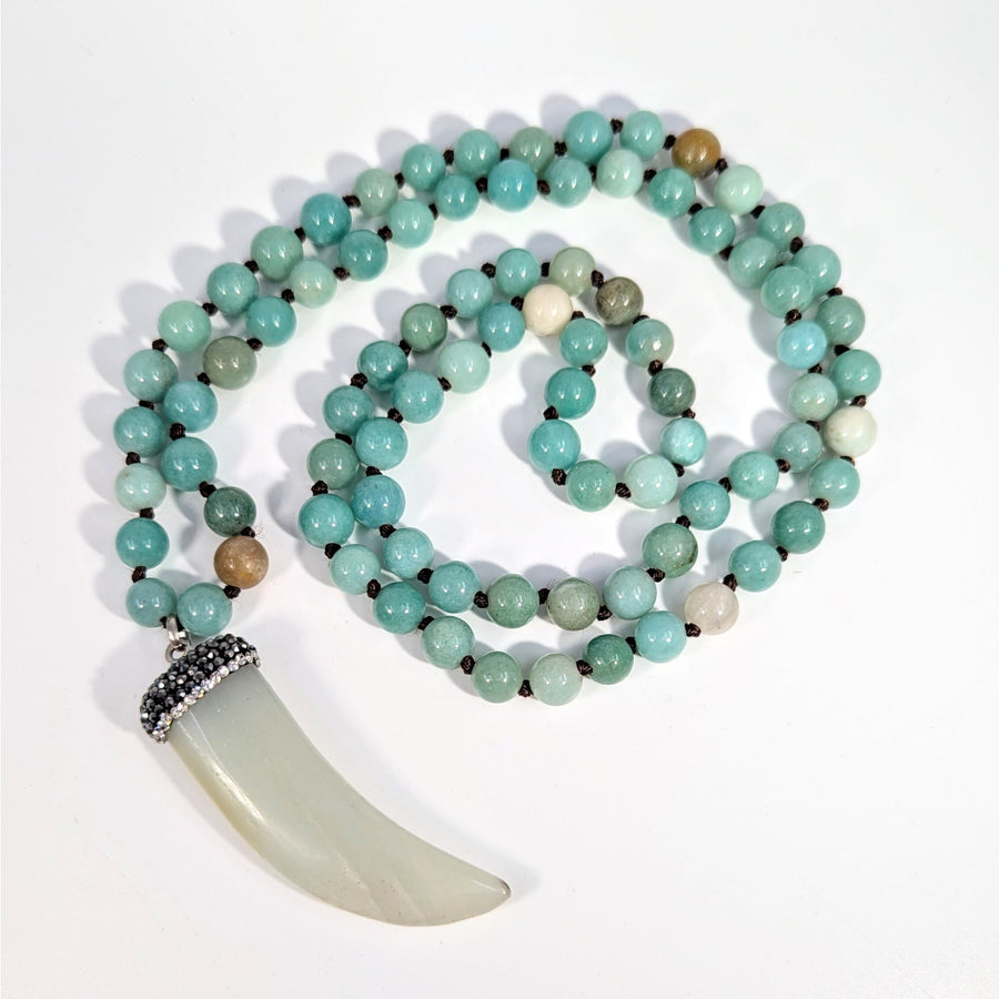 Amazonite 32’’ necklace with pale greenish tiger tooth pendant #BC0931