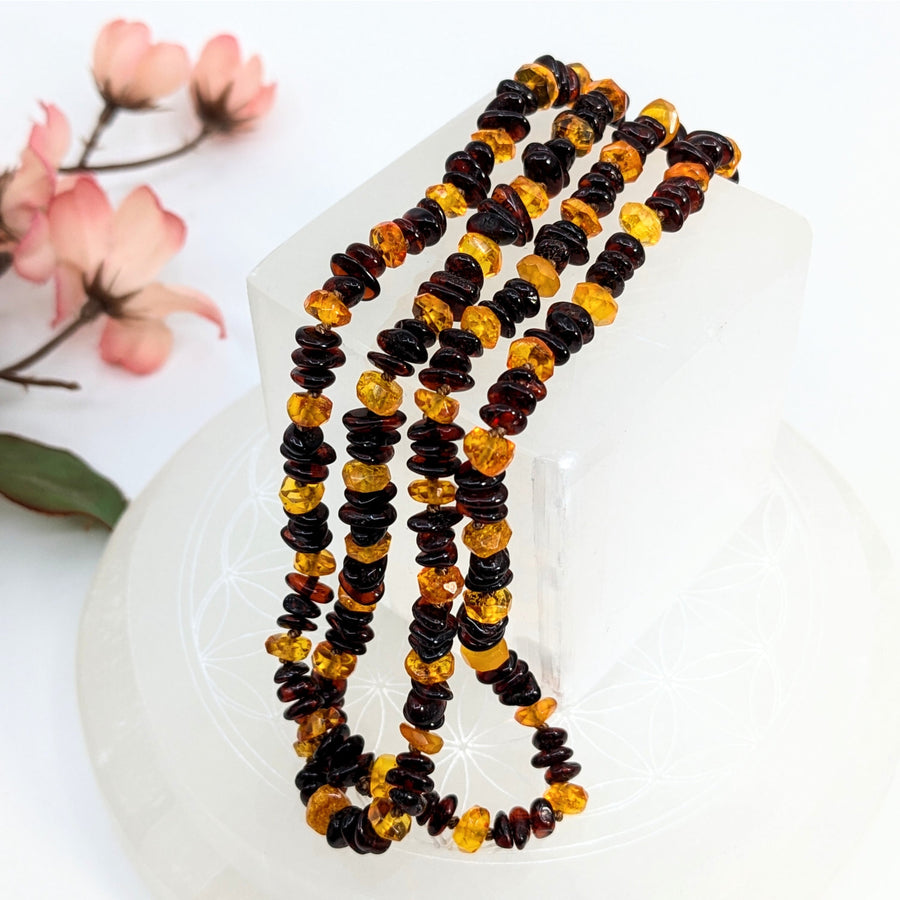 Amber beaded necklace with dark and light beads, 28 inches long, product LV7232