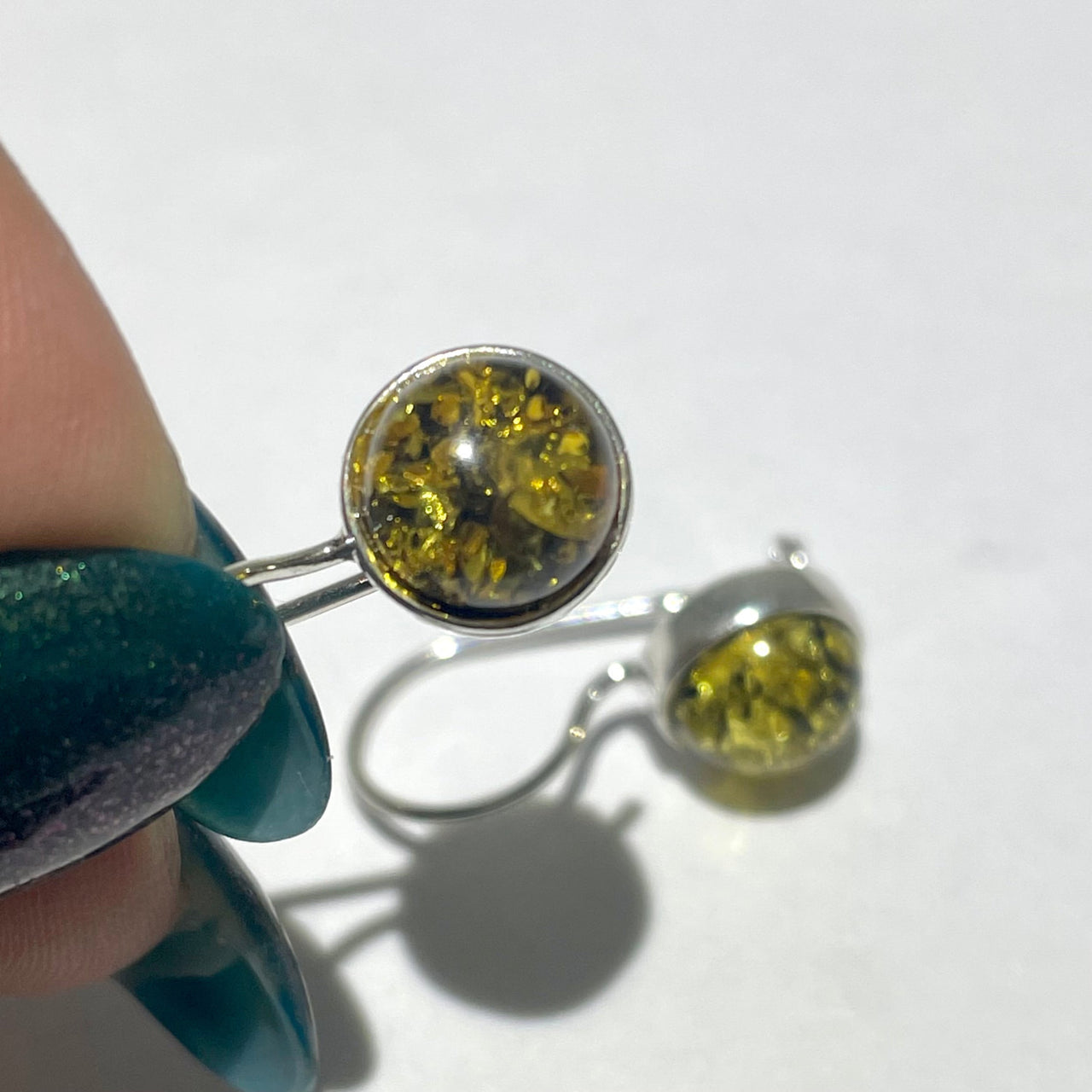 Silver Amber Circle Earrings #J771 with round green-yellow amber stones