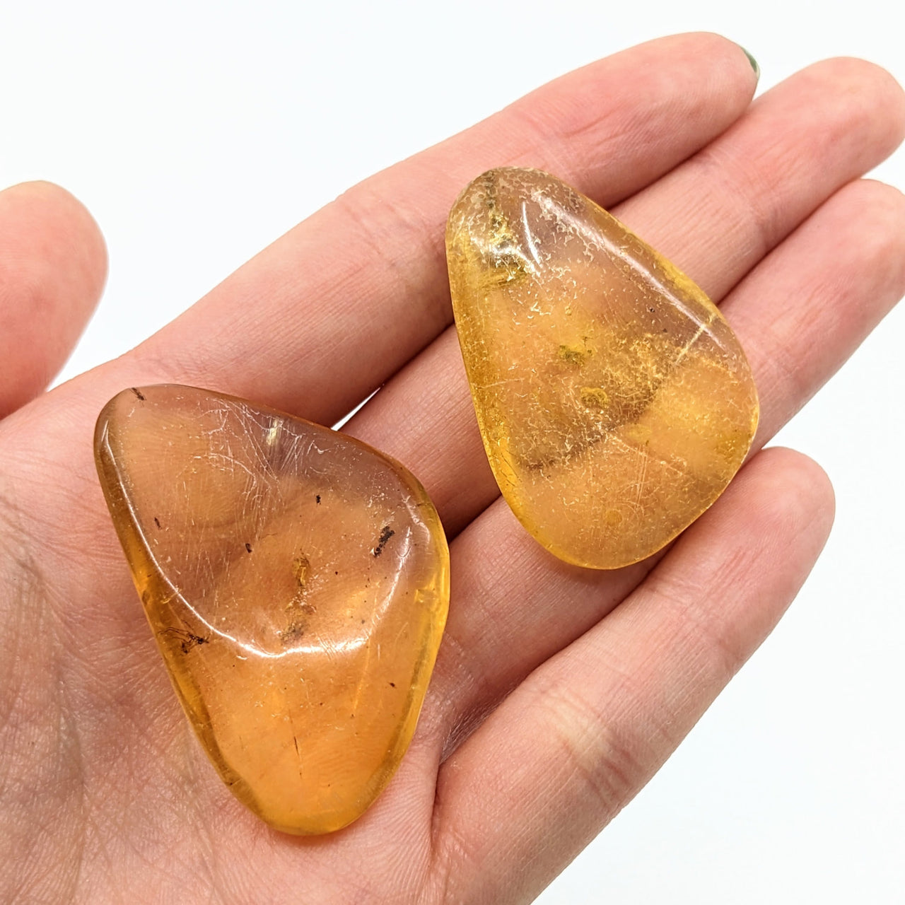 Two polished yellow amber quartzs with insect inclusions, Amber Copal LV1873