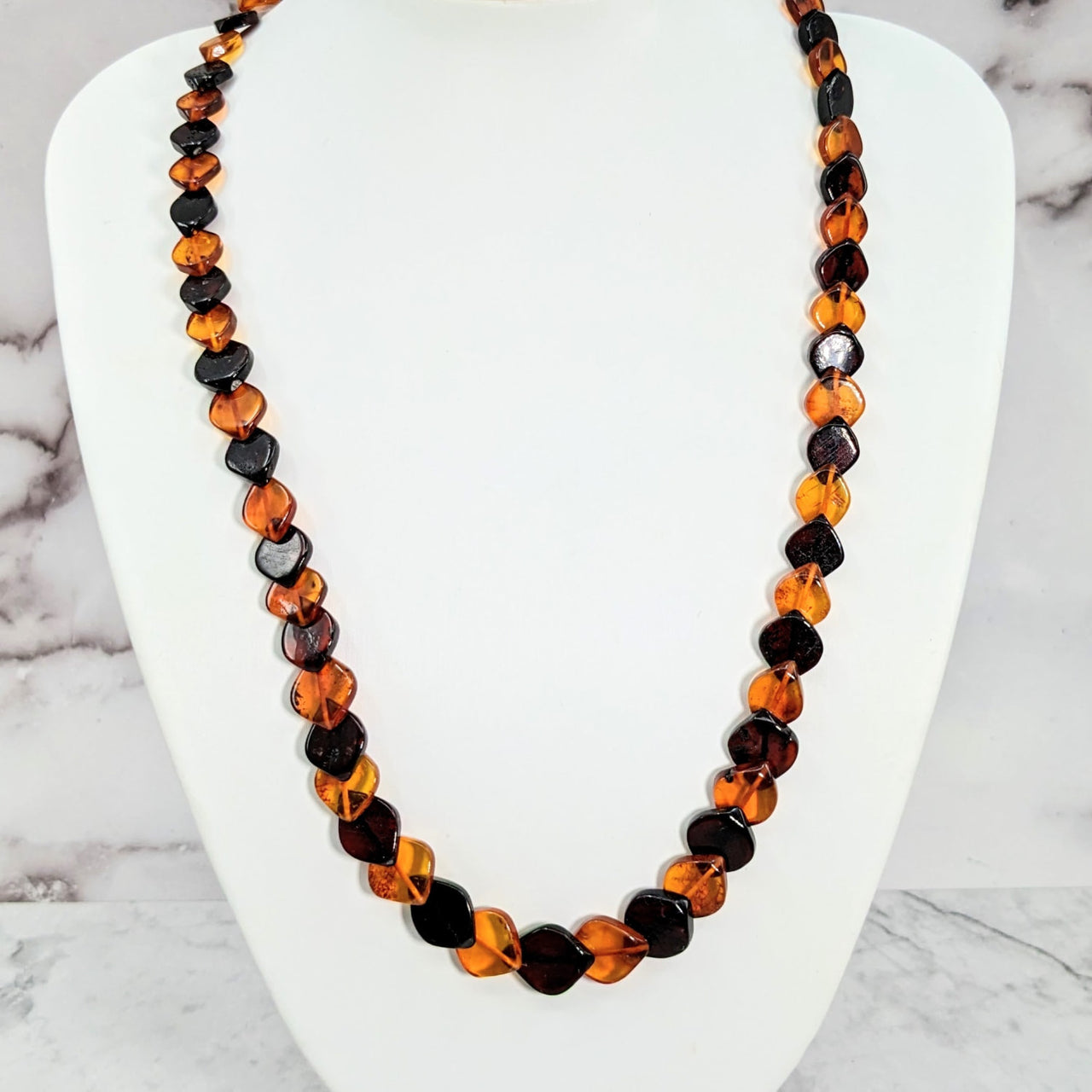Amber Dark 17’ Beaded Choker Necklace #LV3066 close up with brown and black beads