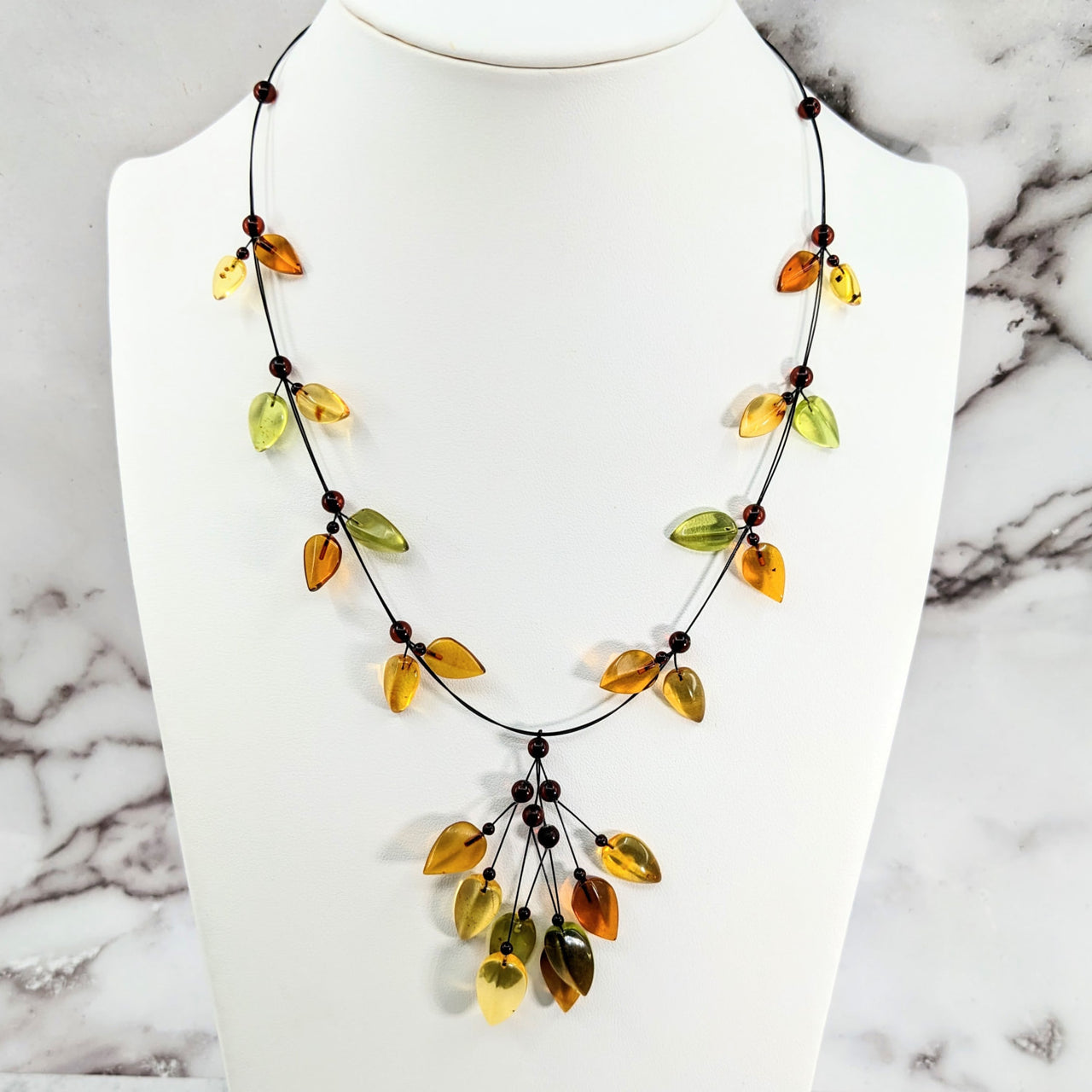 Amber Green Leaf Multi-Colored Pendant Necklace on White Mannequin #LV3062