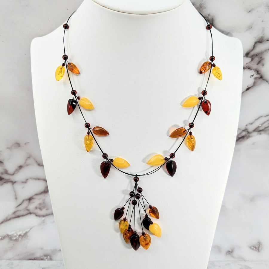 Handcrafted Amber Leaf Pendant Necklace with Multi Colored Glass Beads, 18’ #LV3063