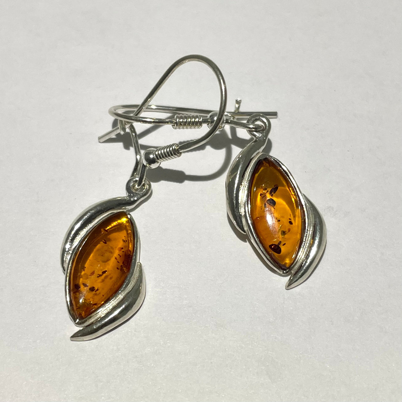 Silver Amber Marquis Earrings J770 with leaf-shaped settings and amber-colored gemstones