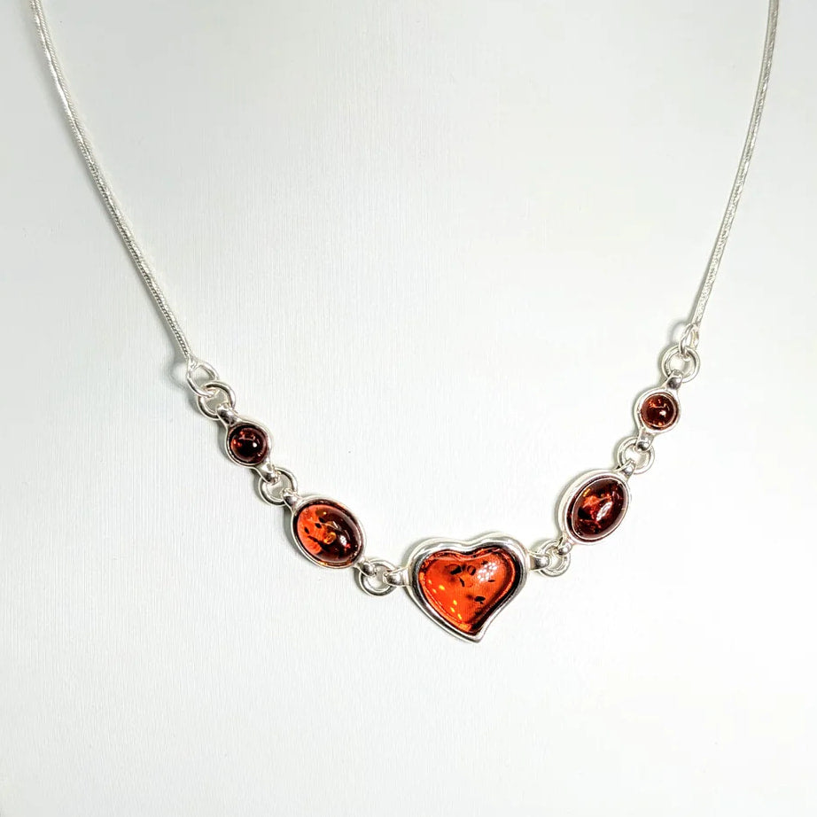 Amber Multi Stone Heart Necklace with Two Hearts on a Silver Chain - Product #LV1708