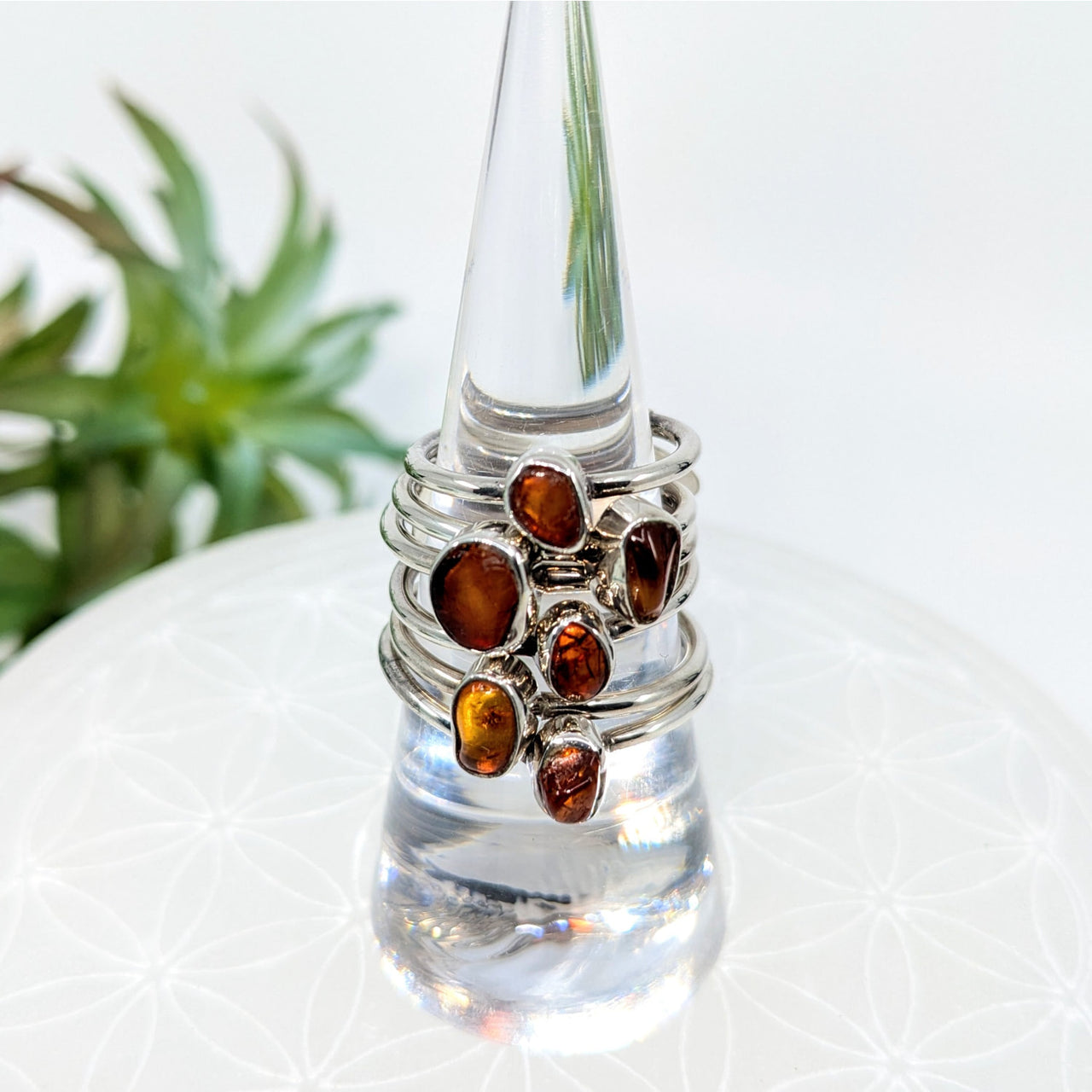 Amber Sterling Silver Dainty Ring with Stacking Rings and Amber Gemstones