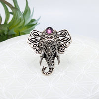 Thumbnail for Ornate silver elephant adj 6-9 ring with intricate patterns and pink gemstone