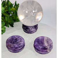 Clear quartz crystal sphere on purple amethyst base, 1.1’’ stand #BC0313