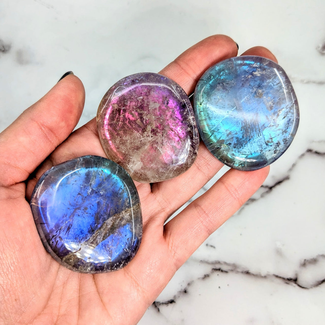 Multicolored quartz palm stones in hand, Amethyst 1.2’ - 1.8’ Rainbow Aura Quartz #LV2018