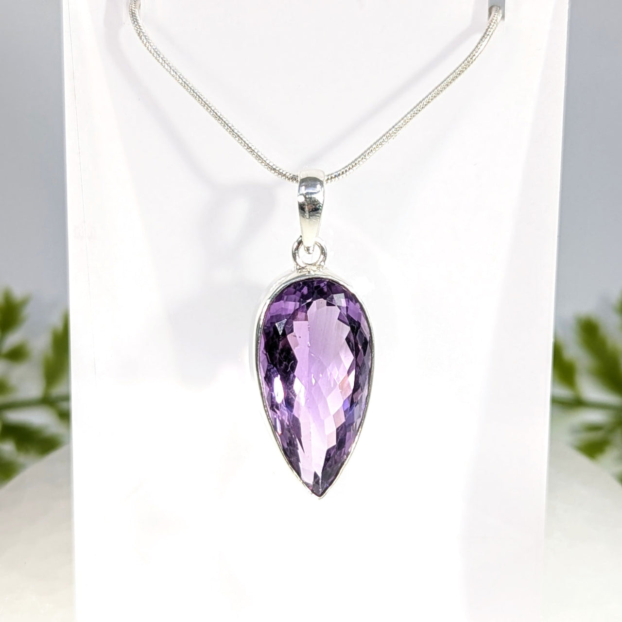 Amethyst 1.25" S.S. Faceted Teardrop Pendant  #BC1544