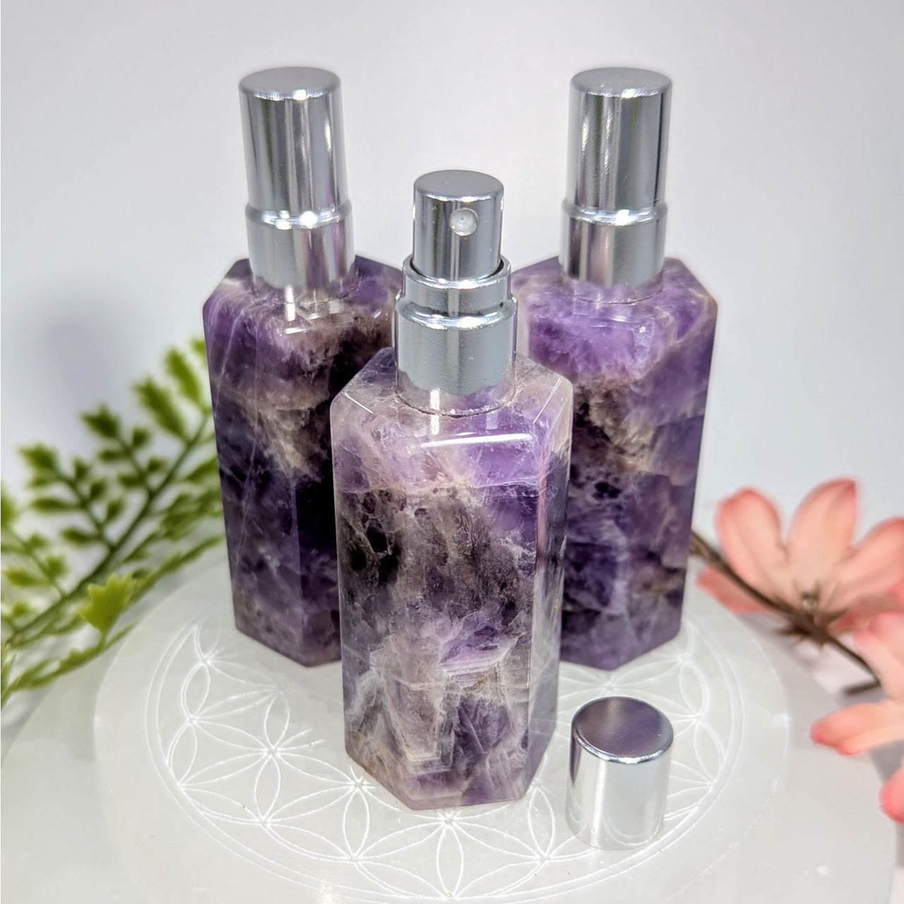 Three 3.25in amethyst stone hexagonal perfume spray bottles #BC0822