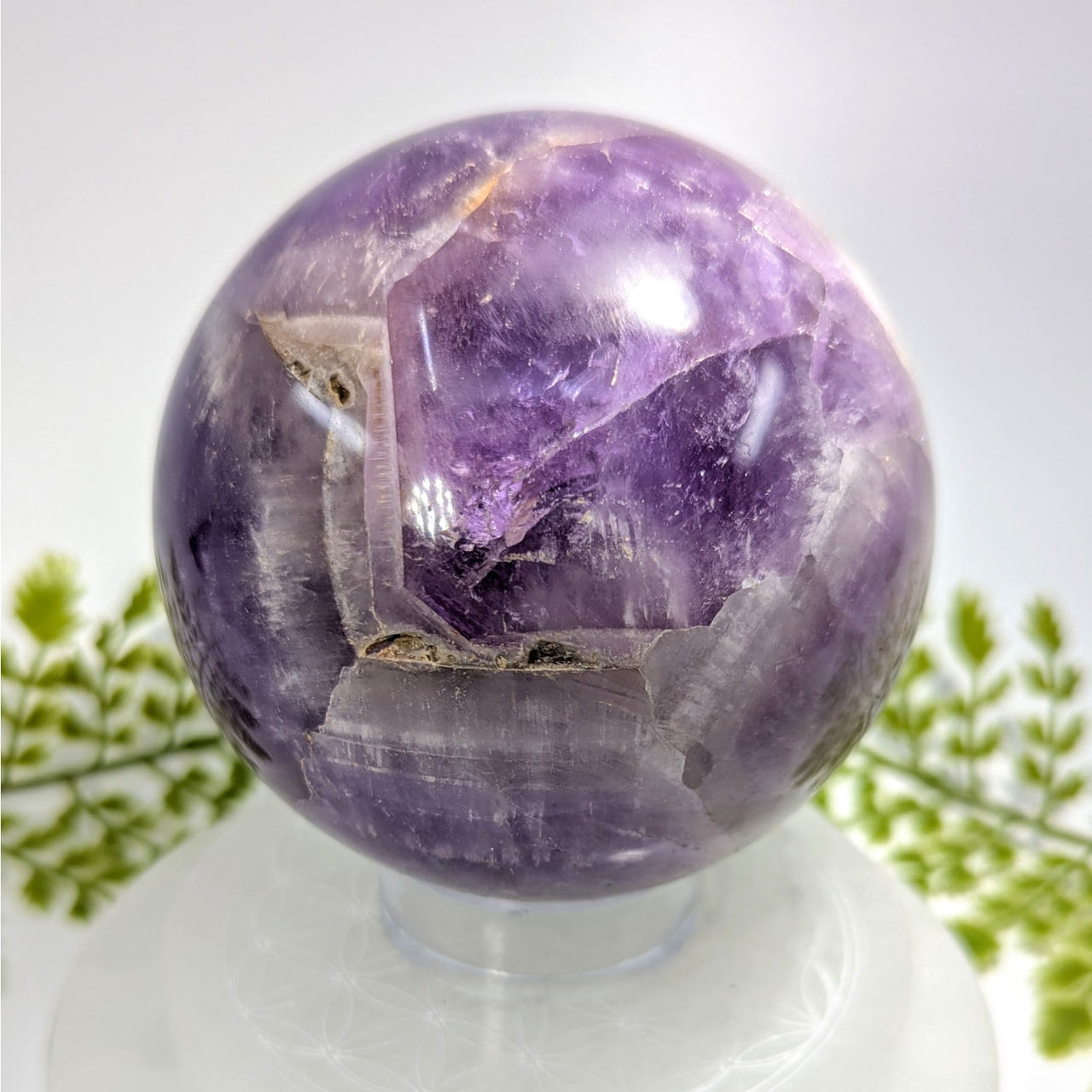 Polished 3.6-inch purple amethyst geode sphere #BC1242 with crystals