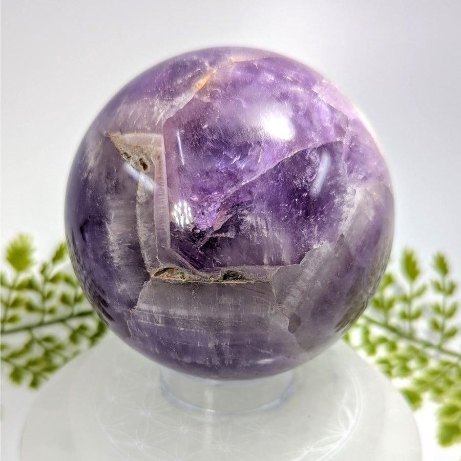 Polished 3.6-inch purple amethyst geode sphere #BC1242 with crystals