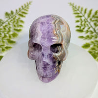 Polished purple white amethyst agate skull carving 3 inch BC1004