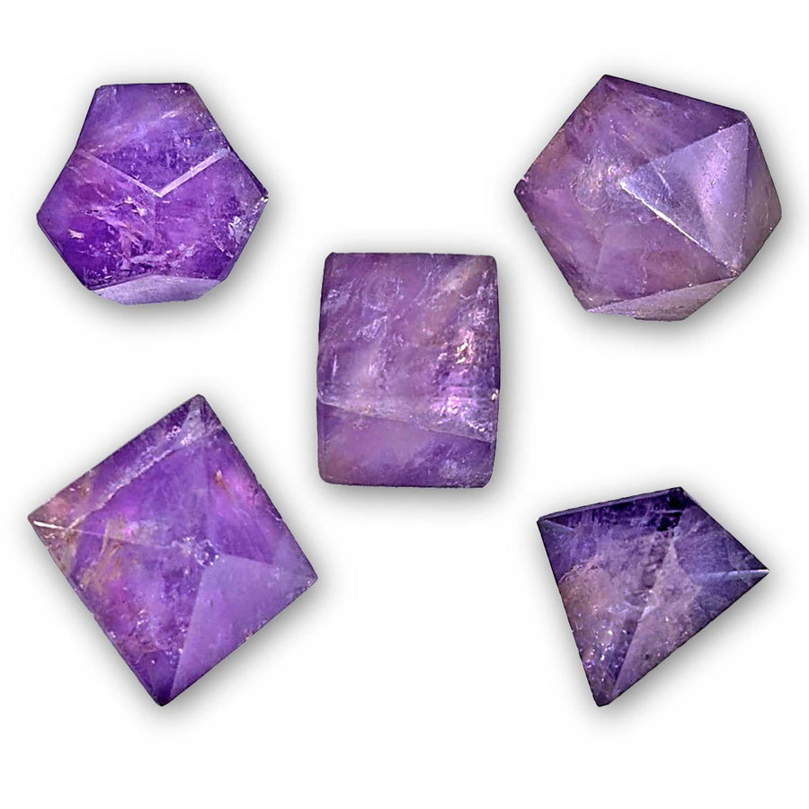 Five purple Amethyst crystal formations in geometric shapes for Amethyst 5pc Platonic Solid Set