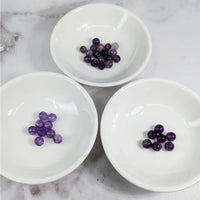 Thumbnail for Amethyst 6 mm Assorted Bead Pack #LV3617: Three white bowls filled with purple grapes