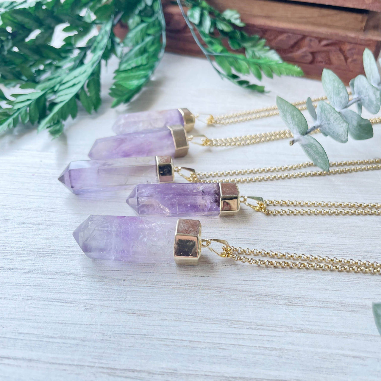 Purple Amethyst 6-Sided Point Pendant Necklace with Gold Chain
