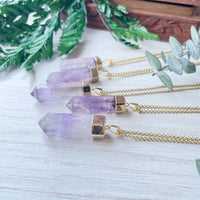 Purple Amethyst 6-Sided Point Pendant Necklace with Gold Chain