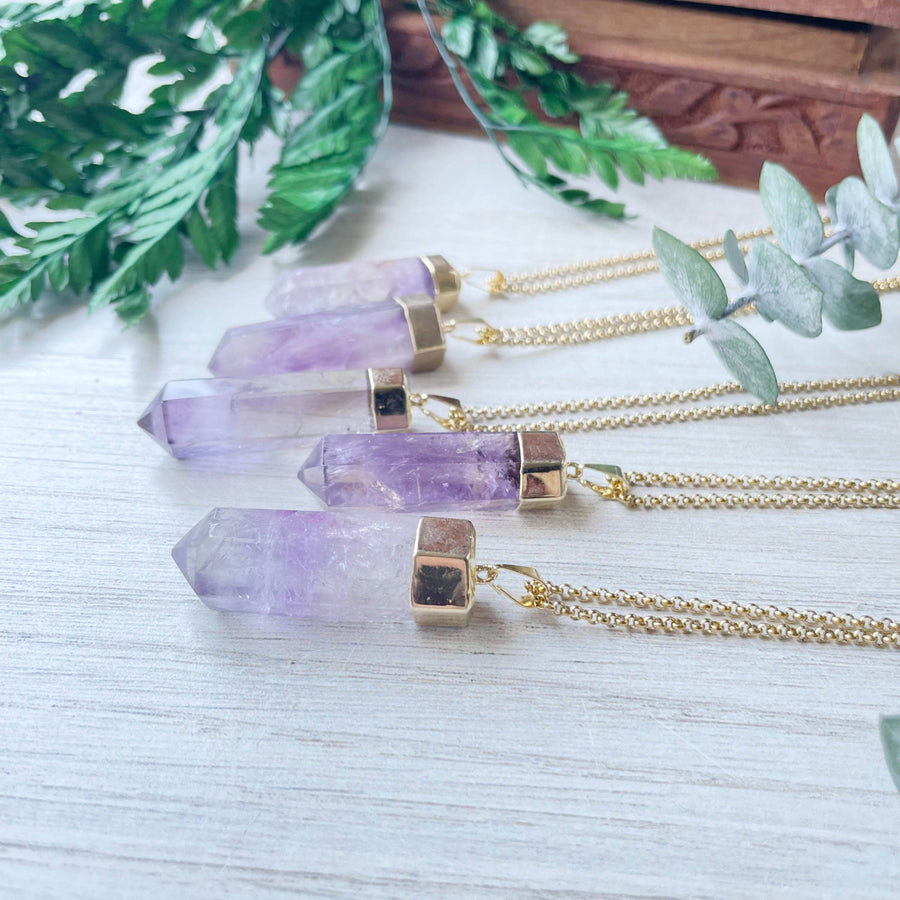 Purple Amethyst 6-Sided Point Pendant Necklace with Gold Chain